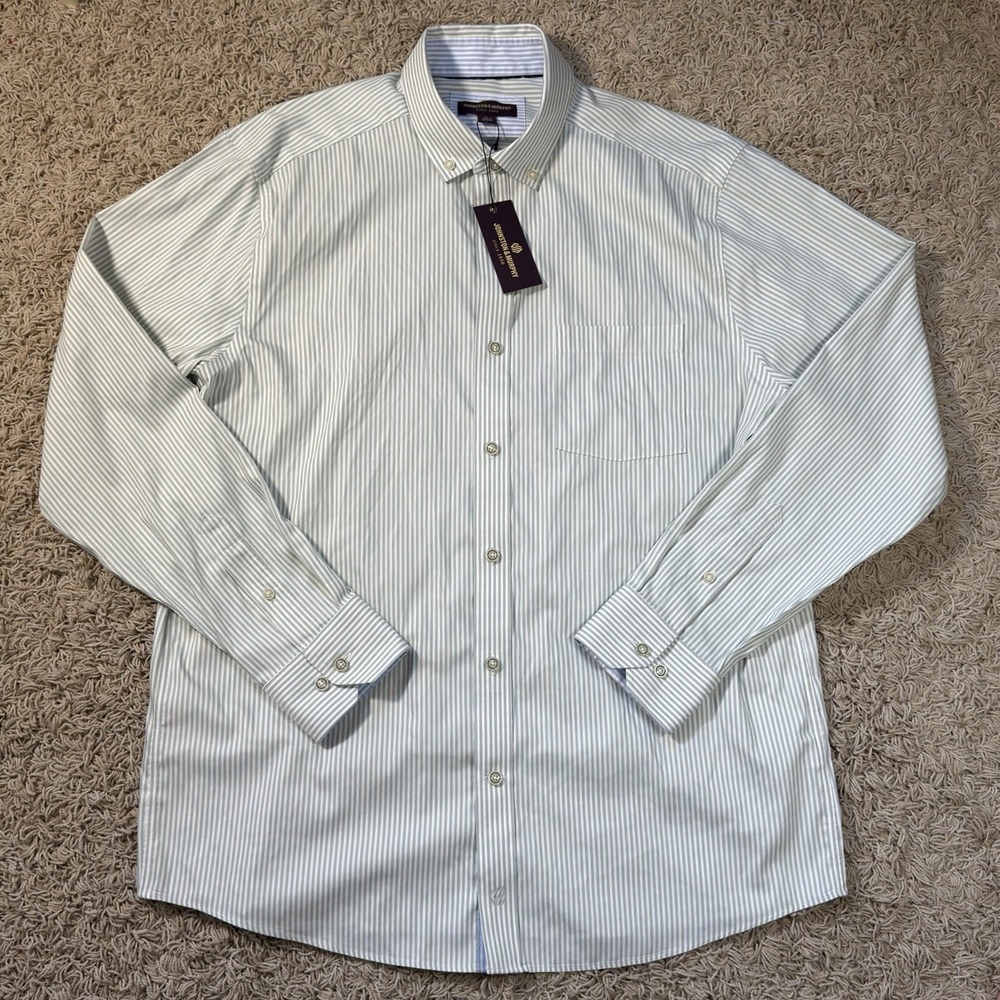 Johnston & Murphy Mens Ovation Non-Iron Oxford Shirt Green Striped L 74-10054